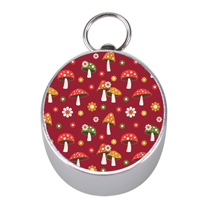 Woodland Mushroom And Daisy Seamless Pattern On Red Background Mini Silver Compasses