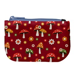 Woodland Mushroom And Daisy Seamless Pattern On Red Background Large Coin Purse by Wav3s