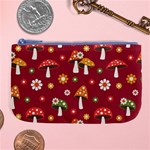 Woodland Mushroom And Daisy Seamless Pattern On Red Background Large Coin Purse Front