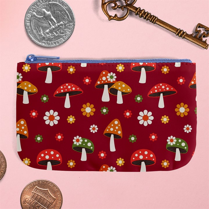 Woodland Mushroom And Daisy Seamless Pattern On Red Background Large Coin Purse