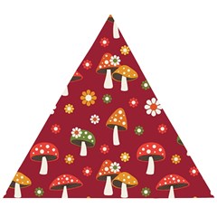 Woodland Mushroom And Daisy Seamless Pattern On Red Background Wooden Puzzle Triangle by Wav3s