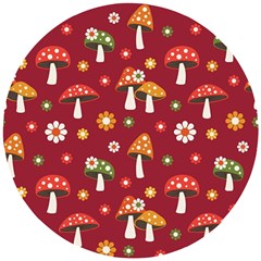 Woodland Mushroom And Daisy Seamless Pattern On Red Background Wooden Puzzle Round by Wav3s