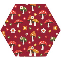 Woodland Mushroom And Daisy Seamless Pattern On Red Background Wooden Puzzle Hexagon by Wav3s