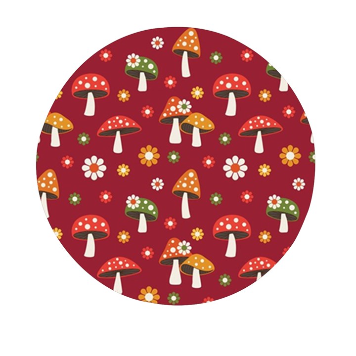 Woodland Mushroom And Daisy Seamless Pattern On Red Background Mini Round Pill Box