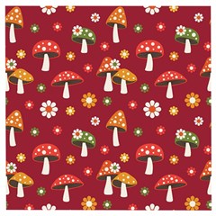 Woodland Mushroom And Daisy Seamless Pattern On Red Background Wooden Puzzle Square by Wav3s