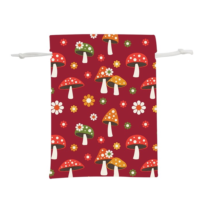 Woodland Mushroom And Daisy Seamless Pattern On Red Background Lightweight Drawstring Pouch (S)