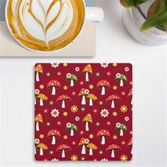 Woodland Mushroom And Daisy Seamless Pattern On Red Background Uv Print Square Tile Coaster  by Wav3s