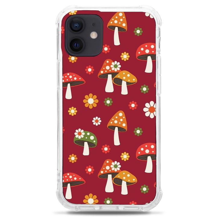 Woodland Mushroom And Daisy Seamless Pattern On Red Background iPhone 12 mini TPU UV Print Case	