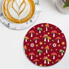 Woodland Mushroom And Daisy Seamless Pattern On Red Background Uv Print Round Tile Coaster by Wav3s