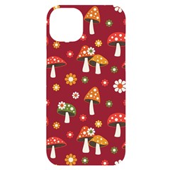 Woodland Mushroom And Daisy Seamless Pattern On Red Background Iphone 14 Plus Black Uv Print Case by Wav3s