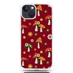 Woodland Mushroom And Daisy Seamless Pattern On Red Background iPhone 13 TPU UV Print Case Front