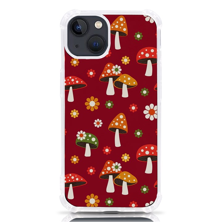 Woodland Mushroom And Daisy Seamless Pattern On Red Background iPhone 13 TPU UV Print Case