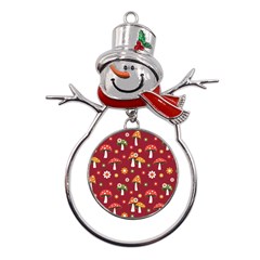 Woodland Mushroom And Daisy Seamless Pattern On Red Background Metal Snowman Ornament by Wav3s