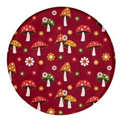 Woodland Mushroom And Daisy Seamless Pattern On Red Background Round Glass Fridge Magnet (4 Pack) by Wav3s