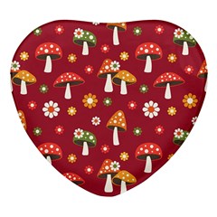 Woodland Mushroom And Daisy Seamless Pattern On Red Background Heart Glass Fridge Magnet (4 Pack) by Wav3s