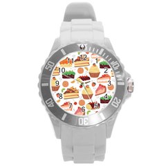 Seamless Pattern Hand Drawing Cartoon Dessert And Cake Round Plastic Sport Watch (l) by Wav3s