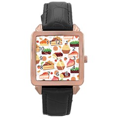 Seamless Pattern Hand Drawing Cartoon Dessert And Cake Rose Gold Leather Watch  by Wav3s