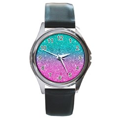 Pink And Turquoise Glitter Round Metal Watch by Wav3s