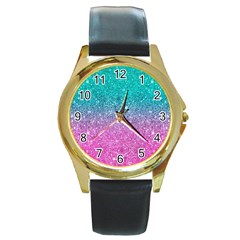 Pink And Turquoise Glitter Round Gold Metal Watch by Wav3s