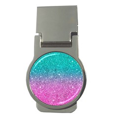 Pink And Turquoise Glitter Money Clips (round)  by Wav3s