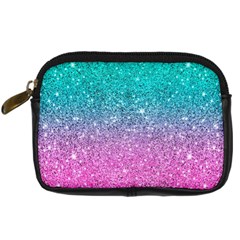 Pink And Turquoise Glitter Digital Camera Leather Case by Wav3s