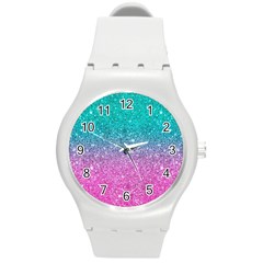 Pink And Turquoise Glitter Round Plastic Sport Watch (m) by Wav3s