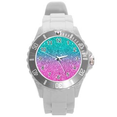 Pink And Turquoise Glitter Round Plastic Sport Watch (l) by Wav3s