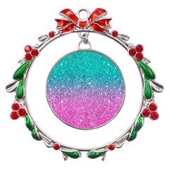 Pink And Turquoise Glitter Metal X mas Wreath Ribbon Ornament by Wav3s