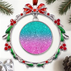 Pink And Turquoise Glitter Metal X mas Wreath Ribbon Ornament by Wav3s