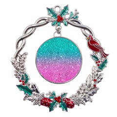 Pink And Turquoise Glitter Metal X mas Wreath Holly Leaf Ornament by Wav3s