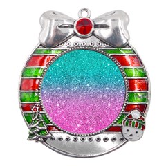 Pink And Turquoise Glitter Metal X mas Ribbon With Red Crystal Round Ornament by Wav3s