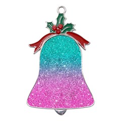 Pink And Turquoise Glitter Metal Holly Leaf Bell Ornament by Wav3s