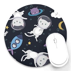 Space Cat Illustration Pattern Astronaut Round Mousepad by Wav3s