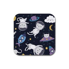 Space Cat Illustration Pattern Astronaut Rubber Square Coaster (4 Pack)