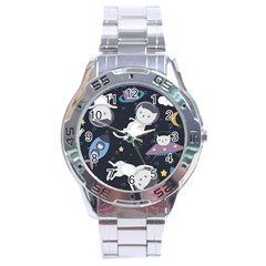 Space Cat Illustration Pattern Astronaut Stainless Steel Analogue Watch by Wav3s