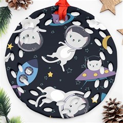 Space Cat Illustration Pattern Astronaut Round Filigree Ornament (two Sides) by Wav3s