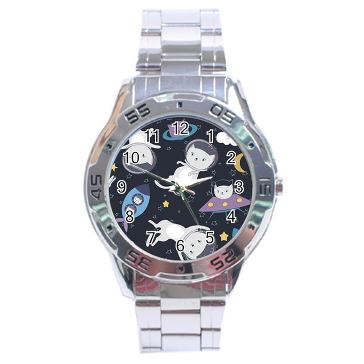 Space Cat Illustration Pattern Astronaut Stainless Steel Analogue Watch