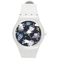 Space Cat Illustration Pattern Astronaut Round Plastic Sport Watch (m) by Wav3s