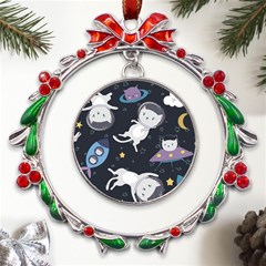 Space Cat Illustration Pattern Astronaut Metal X mas Wreath Ribbon Ornament by Wav3s