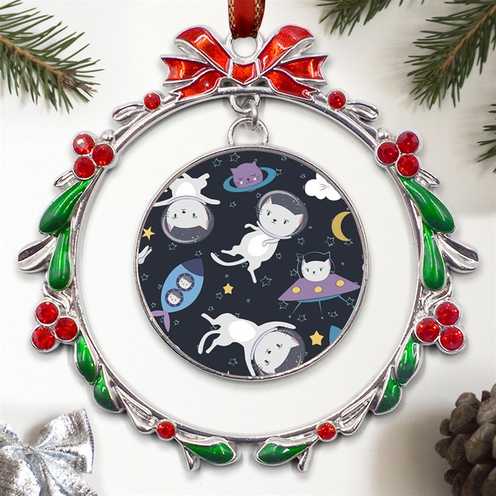 Space Cat Illustration Pattern Astronaut Metal X mas Wreath Ribbon Ornament