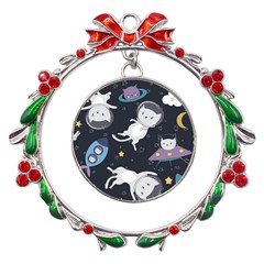 Space Cat Illustration Pattern Astronaut Metal X mas Wreath Ribbon Ornament by Wav3s