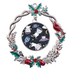 Space Cat Illustration Pattern Astronaut Metal X mas Wreath Holly Leaf Ornament by Wav3s