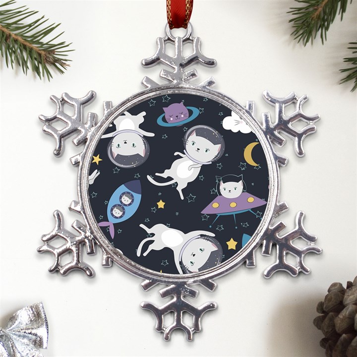 Space Cat Illustration Pattern Astronaut Metal Large Snowflake Ornament