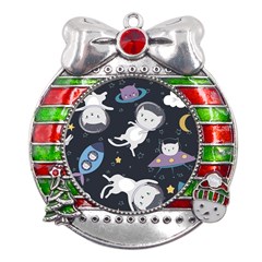 Space Cat Illustration Pattern Astronaut Metal X mas Ribbon With Red Crystal Round Ornament by Wav3s