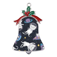 Space Cat Illustration Pattern Astronaut Metal Holly Leaf Bell Ornament by Wav3s