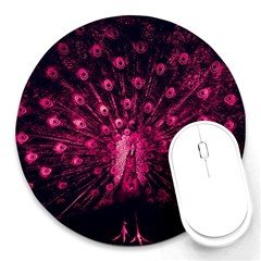 Peacock Pink Black Feather Abstract Round Mousepad by Wav3s