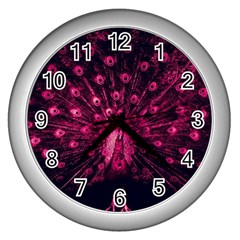 Peacock Pink Black Feather Abstract Wall Clock (silver) by Wav3s