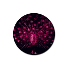 Peacock Pink Black Feather Abstract Rubber Round Coaster (4 Pack) by Wav3s