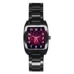 Peacock Pink Black Feather Abstract Stainless Steel Barrel Watch Front