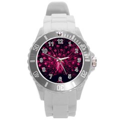 Peacock Pink Black Feather Abstract Round Plastic Sport Watch (l) by Wav3s